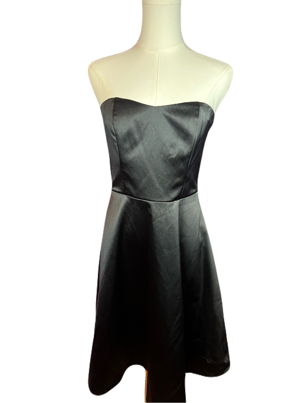 Black Strapless Satin A-Line Midi Cocktail Homecoming Wedding Guest Dress size 2